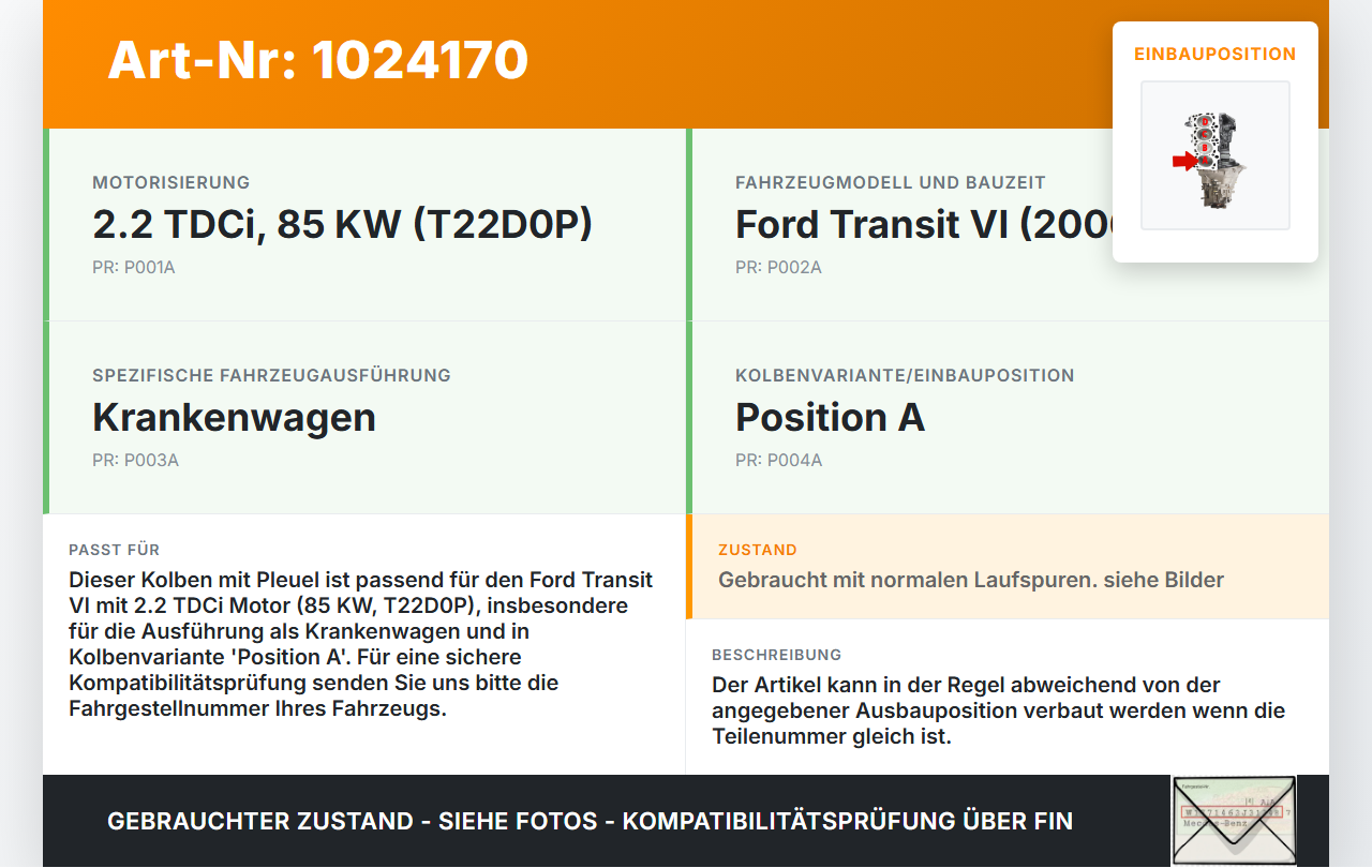 Ford Transit VI 06-13 TDCi 2,2 85KW T22D0P Kolben mit Pleuel Pos A Ford Transit VI 06-13 26.11.2010 gebraucht Vorschau 3