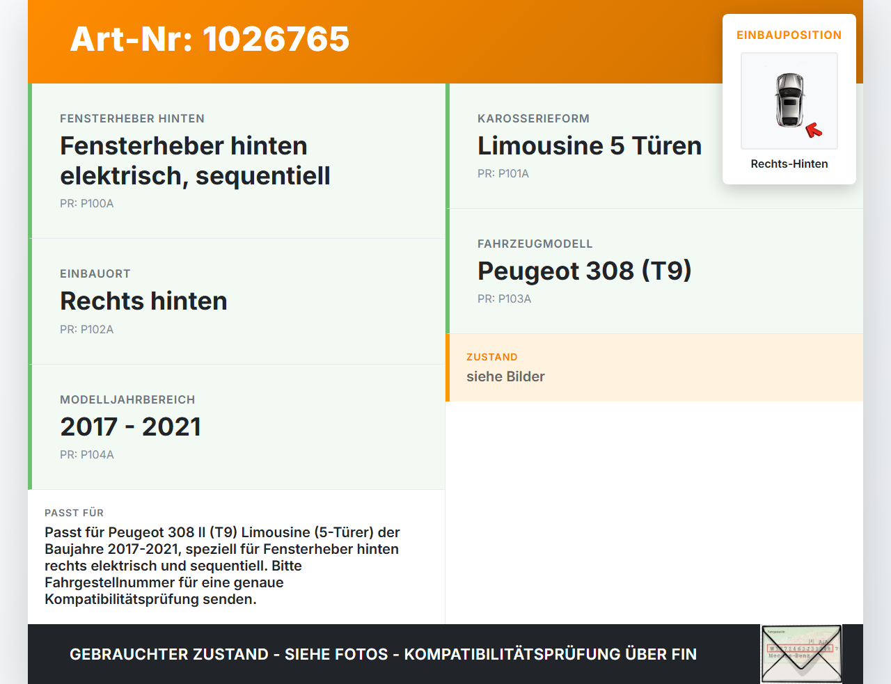 Peugeot 308 II 17-21 Lim Fensterhebermotor mit Fensterheber Rechts Hinten Peugeot 308 II 17-21 06.04.2021... Vorschau 3