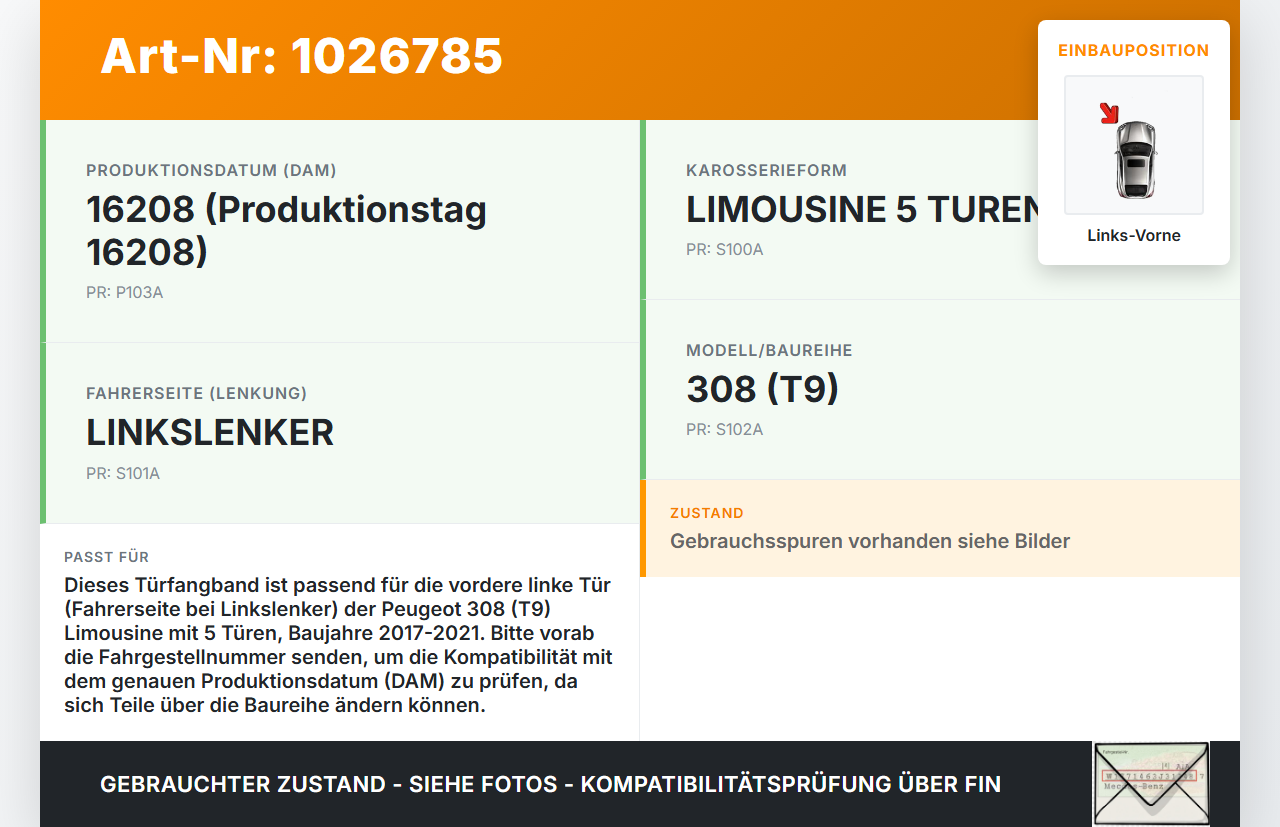 Peugeot 308 II 17-21 Lim Türfangband Türbremse Türanschlag Links Vorne Peugeot 308 II 17-21 06.04.2021 gebraucht Vorschau 3