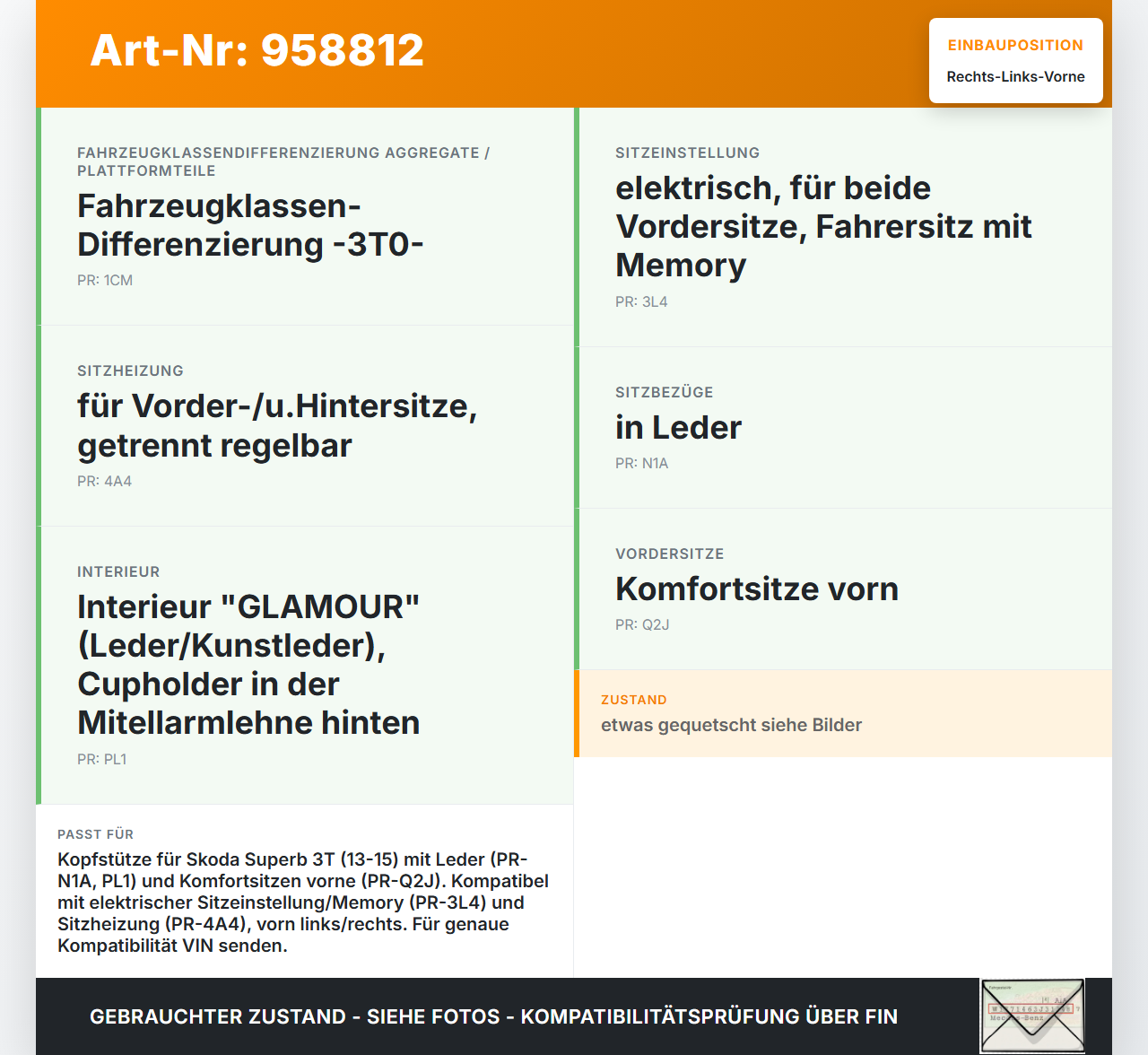 Skoda Superb 3T 13-15 Leder Kopfstütze für Fahrer Sitz Rechts oder Links Vorne Skoda Superb 3T 13-15 26.03.2014... Vorschau 3