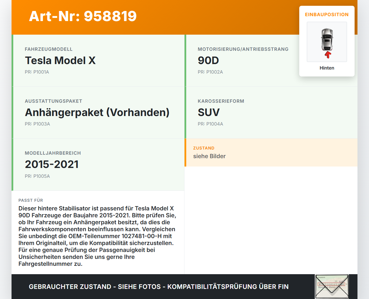 Tesla Model X 90D 15-21 Stabi Stabilisator Hinten Tesla Model X 90D 15-21 19.05.2017 1027481-00-H gebraucht Vorschau 3