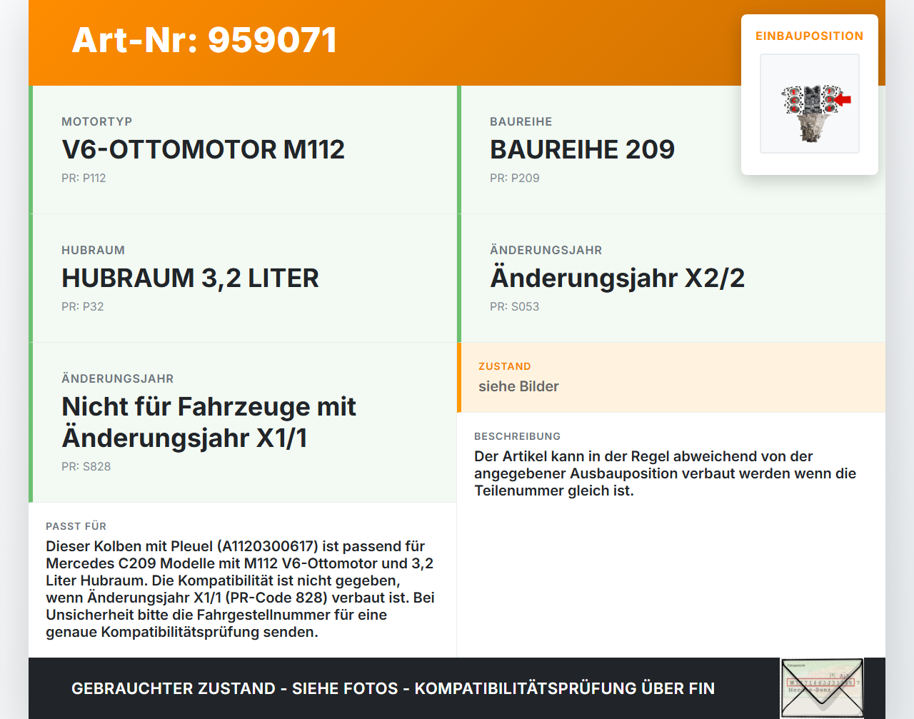 Mercedes C209 CLK 320 05-09 3,2 160KW 112.955 Kolben mit Pleuel Pos D Mercedes C209 CLK 320 05-09 05.03.2003... Vorschau 3