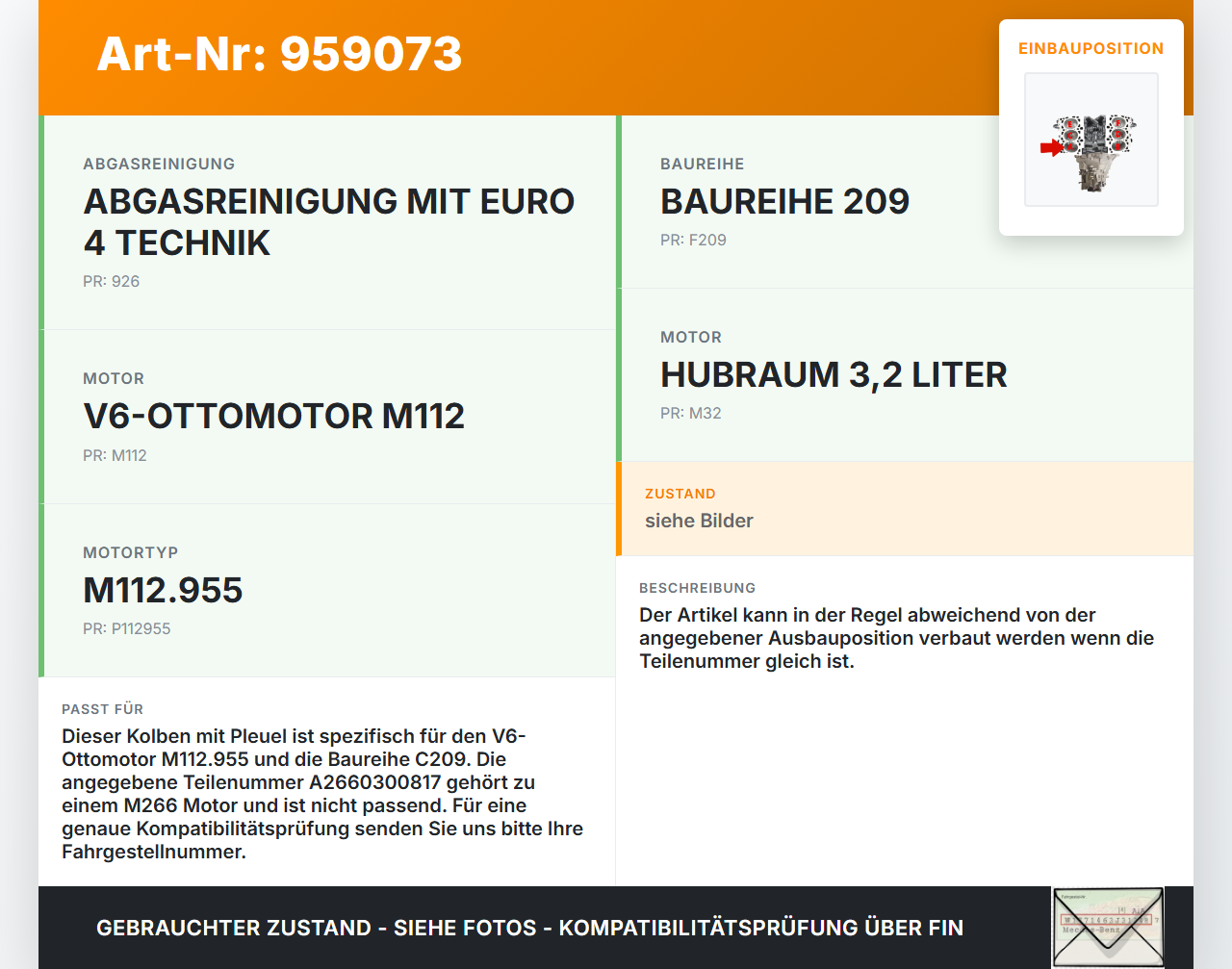 Mercedes C209 CLK 320 05-09 3,2 160KW 112.955 Kolben mit Pleuel Pos A Mercedes C209 CLK 320 05-09 05.03.2003... Vorschau 3