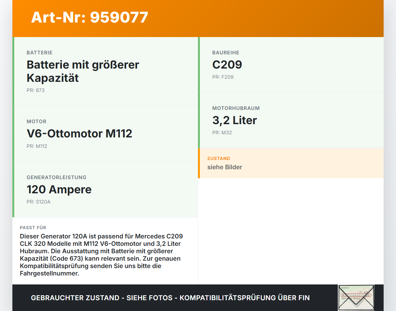 Mercedes C209 CLK 320 05-09 3,2 160KW Lichtmaschine Generator 120A Mercedes C209 CLK 320 05-09 05.03.2003... Vorschau 3