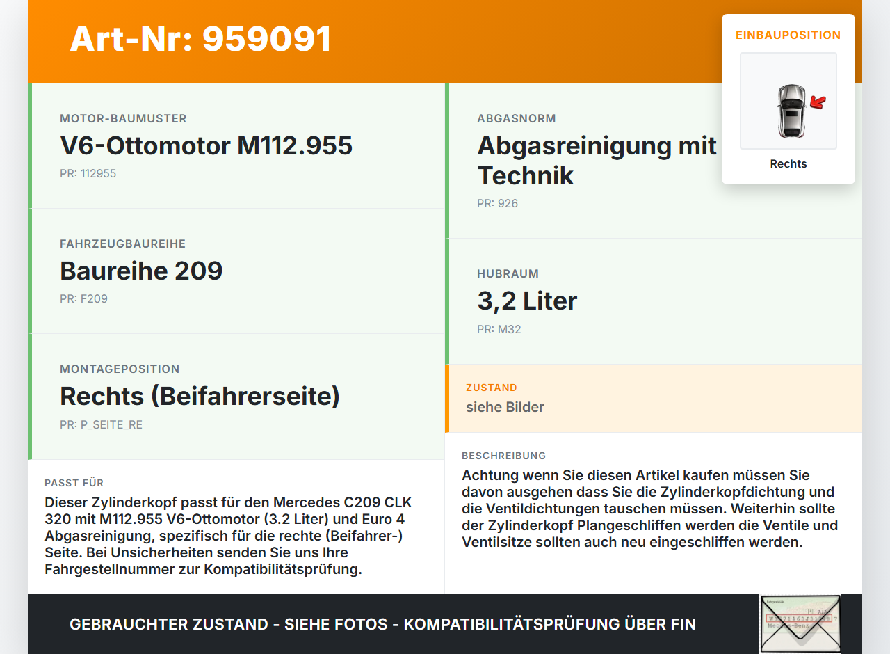 Mercedes C209 CLK 320 05-09 3,2 160KW 112.955 Zylinderkopf Rechts Mercedes C209 CLK 320 05-09 05.03.2003... Vorschau 3
