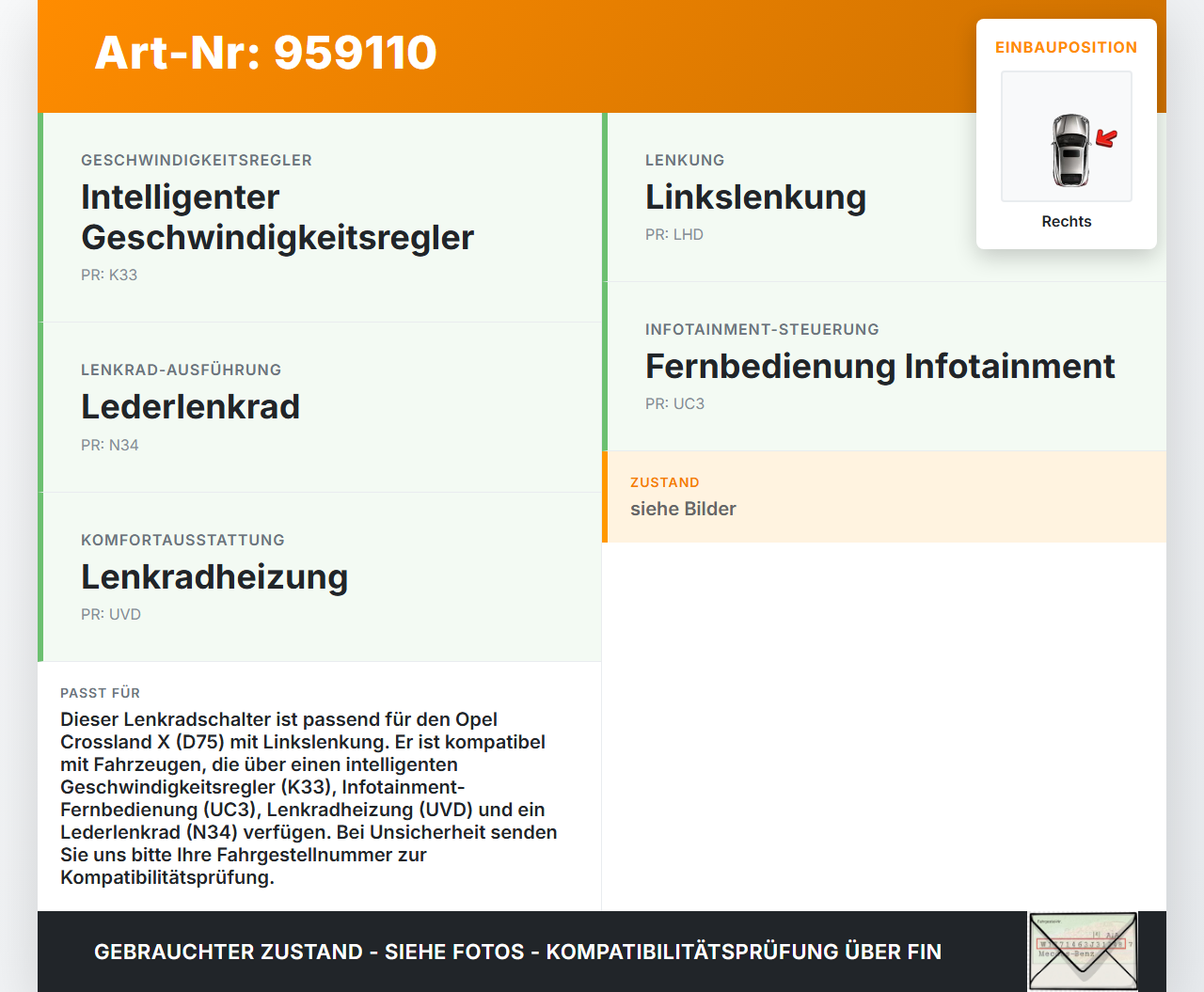 Opel Crossland X D75 20-24 Lenkradschalter Multifunktionstasten Schalter für Lenkrad Rechts Opel Crossland X D75... Vorschau 3