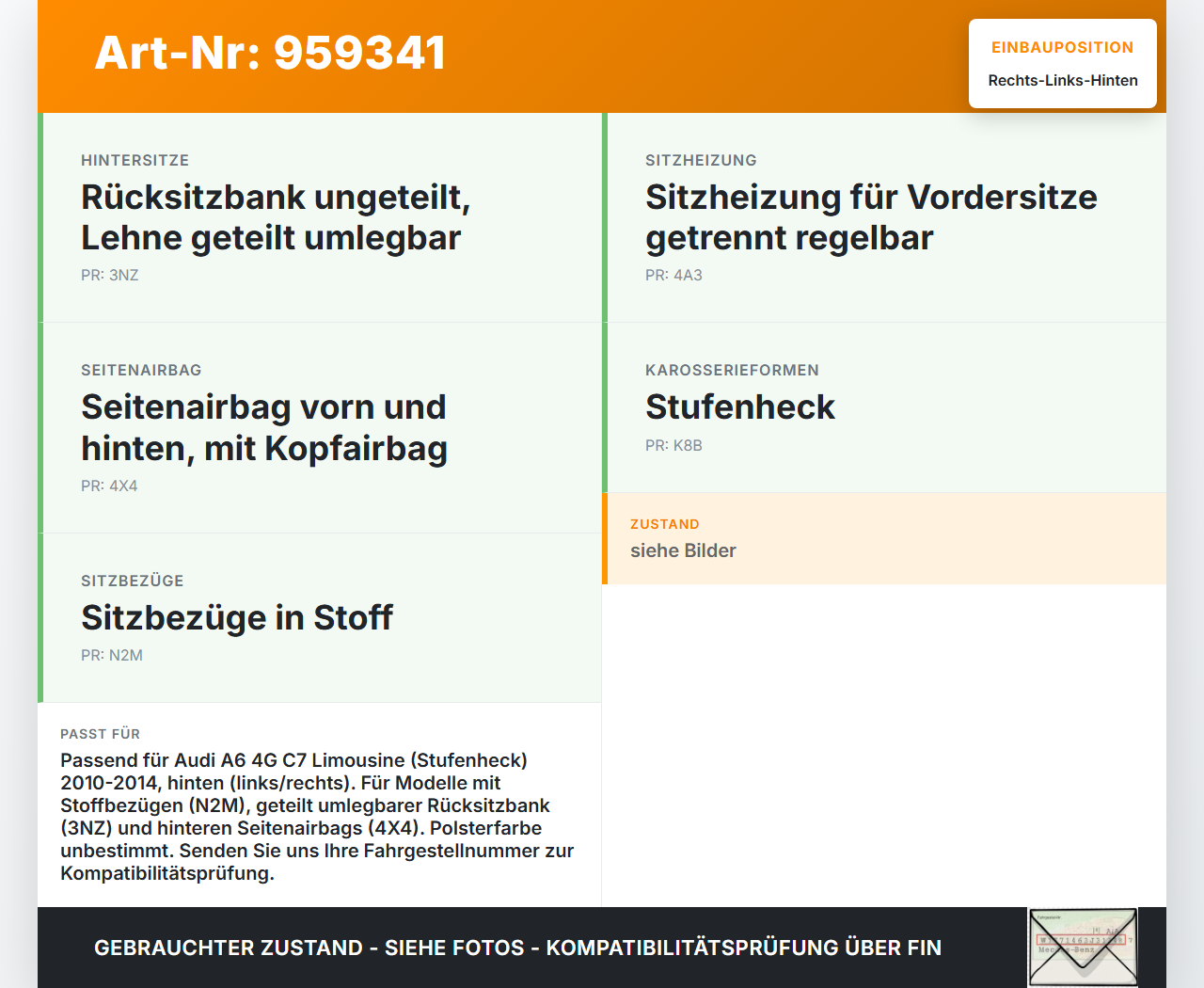 Audi A6 4G C7 10-14 Kopfstütze Rechts oder Links Hinten Audi A6 4G C7 10-14 13.02.2012 4G0885973 gebraucht Vorschau 3