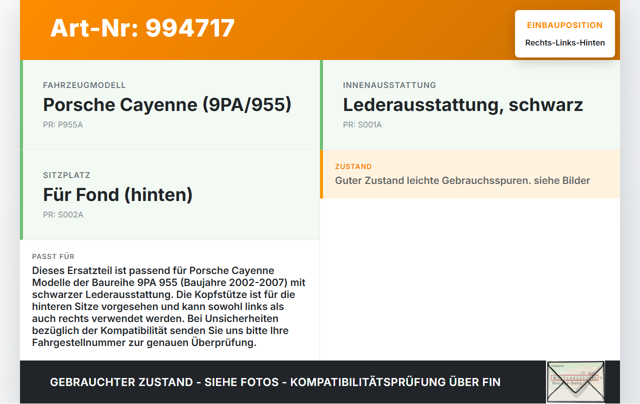 Porsche Cayenne 9PA 955 02-07 Kopfstütze Rechts oder Links Hinten Leder Schwarz Porsche Cayenne 9PA 955 02-07... Vorschau 3