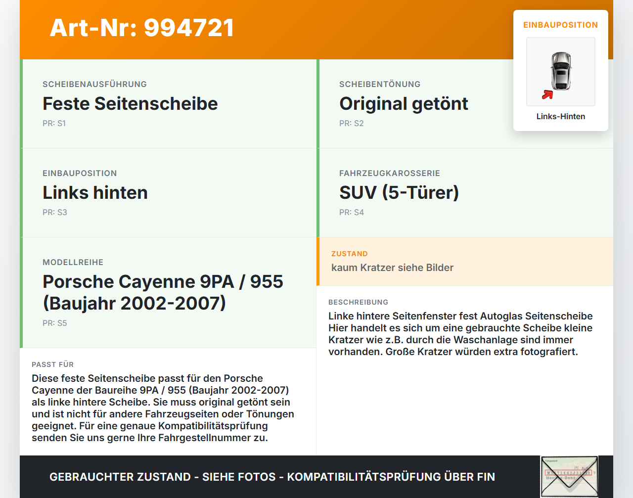 Porsche Cayenne 9PA 955 02-07 Feste Seitenscheibe Scheibe Links Hinten Orig. getönt Porsche Cayenne 9PA 955 02-07... Vorschau 3