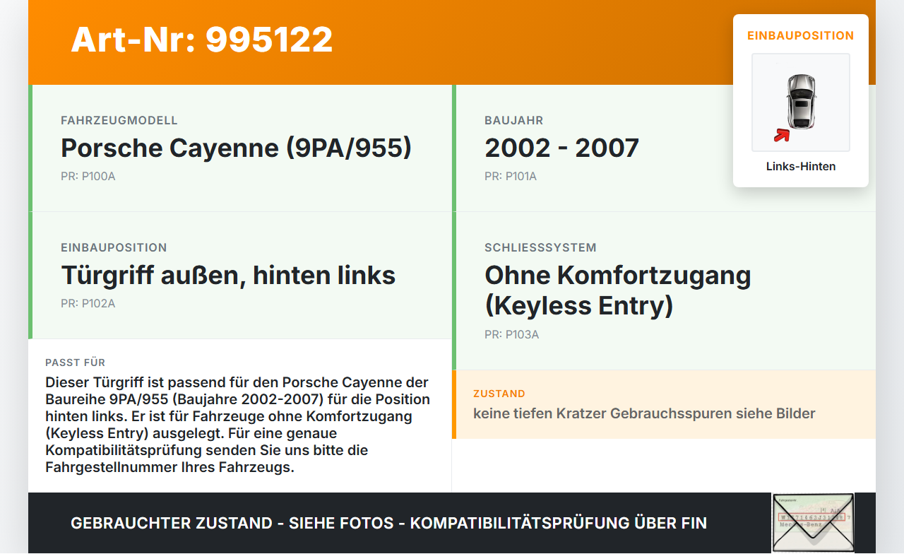 Porsche Cayenne 9PA 955 02-07 Türgriff Griff aussen Links Hinten Porsche Cayenne 9PA 955 02-07 23.06.2005... Vorschau 3
