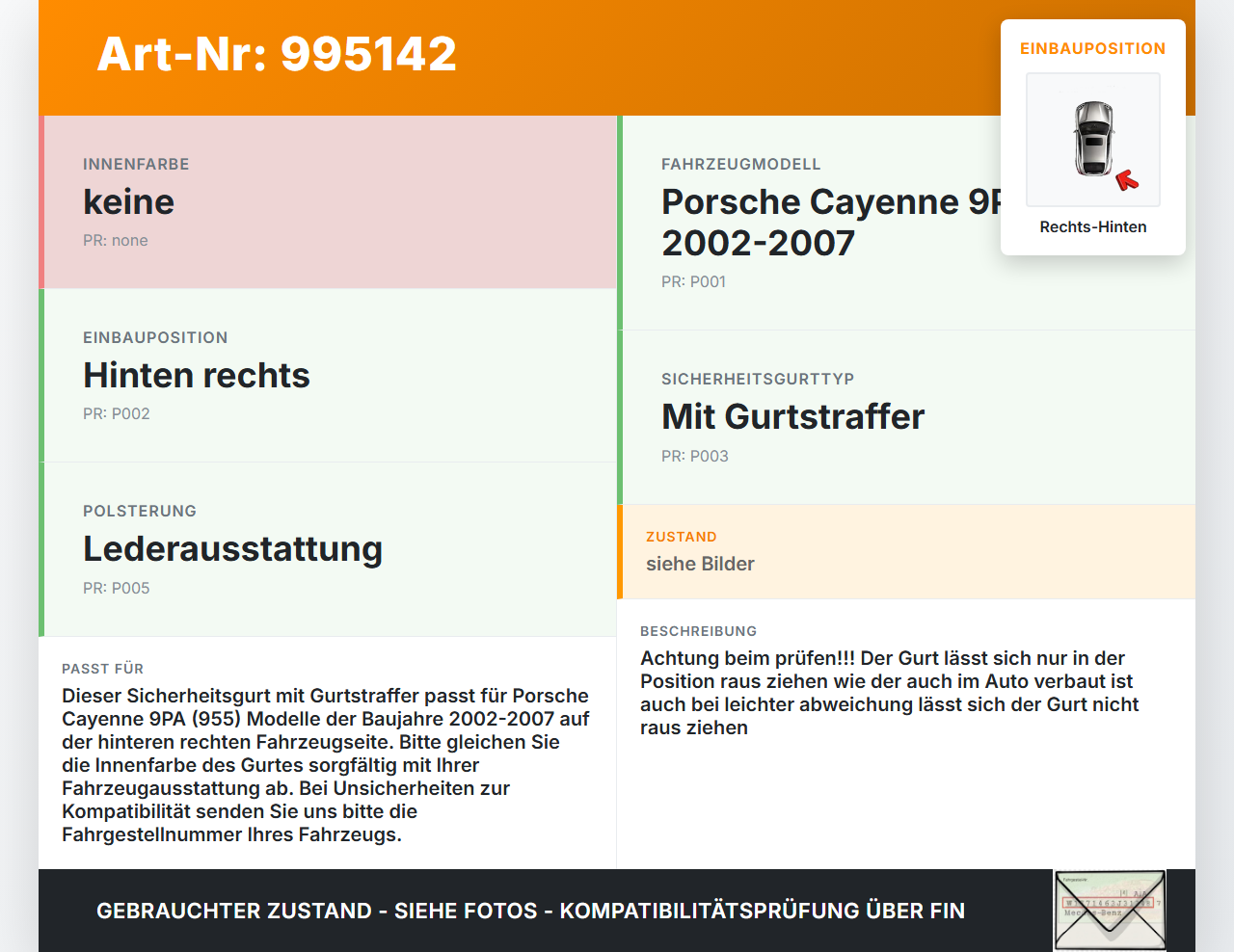 Porsche Cayenne 9PA 955 02-07 Gurt Sicherheitsgurt Gurtstraffer Rechts Hinten Porsche Cayenne 9PA 955 02-07... Vorschau 3
