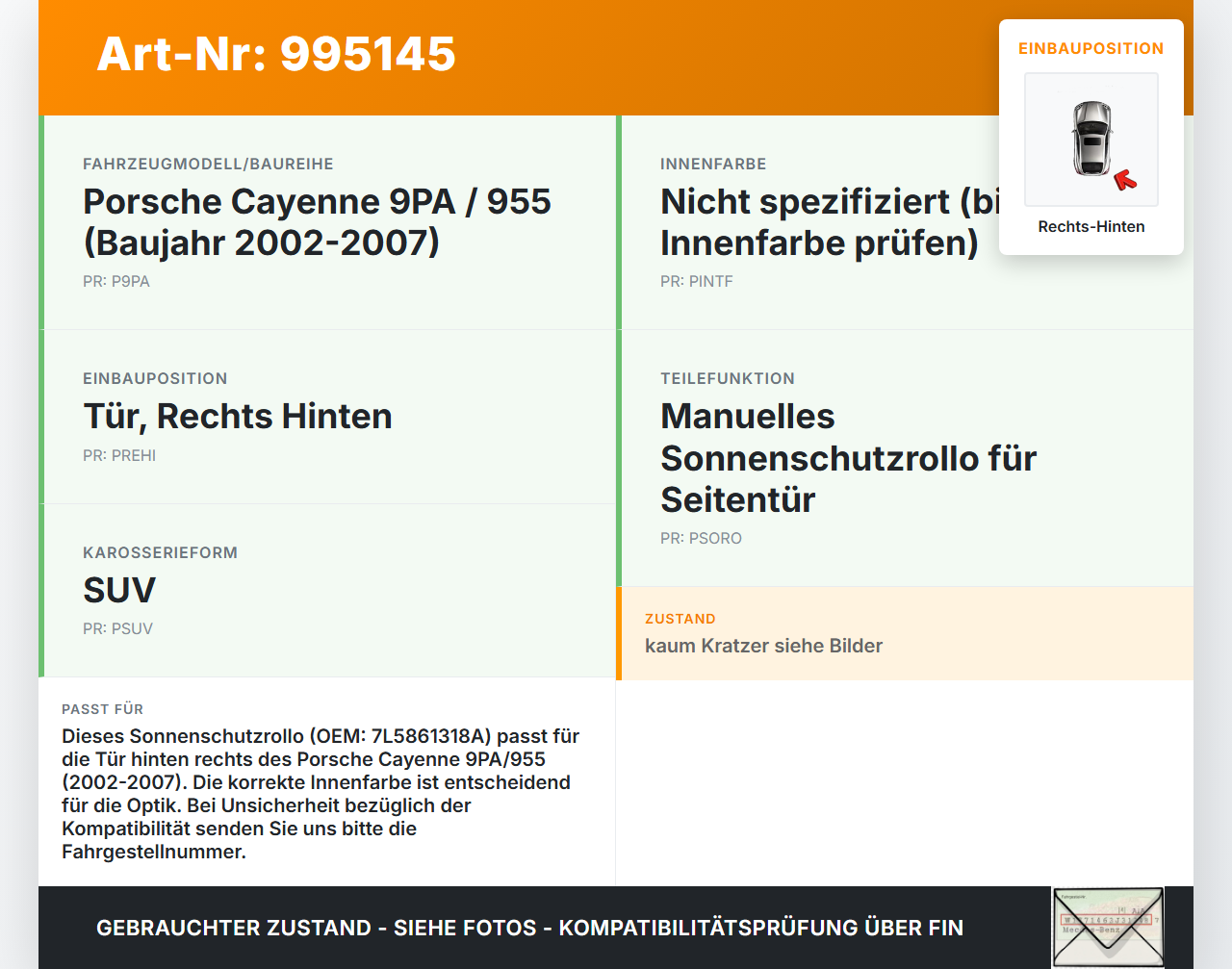 Porsche Cayenne 9PA 955 02-07 Sonnenschutzrollo Rollo für Tür Rechts Hinten Porsche Cayenne 9PA 955 02-07... Vorschau 3