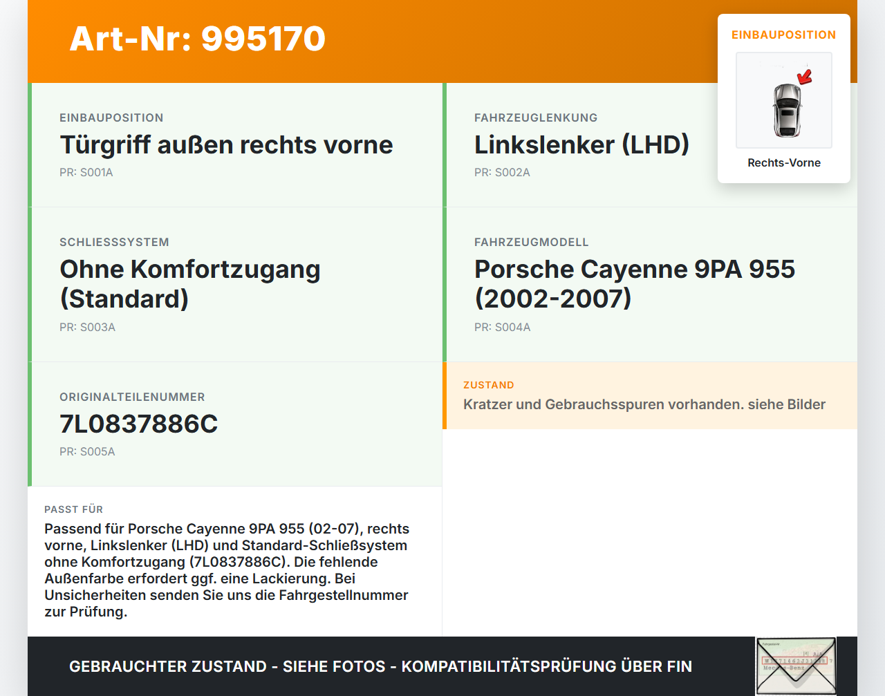 Porsche Cayenne 9PA 955 02-07 Türgriff Griff aussen Aussen Rechts Vorne Porsche Cayenne 9PA 955 02-07 23.06.2005... Vorschau 3