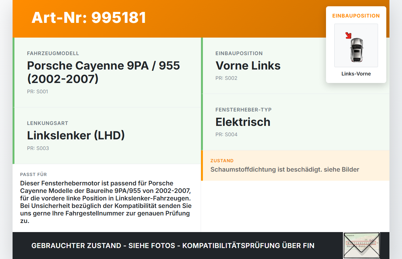 Porsche Cayenne 9PA 955 02-07 Fensterhebermotor Links Vorne Porsche Cayenne 9PA 955 02-07 23.06.2005 7L0959701G... Vorschau 3