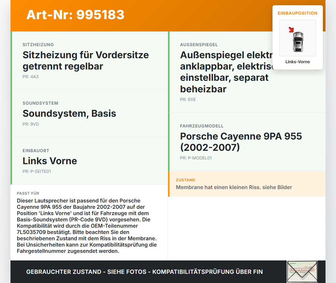 Porsche Cayenne 9PA 955 02-07 Lautsprecher Links Vorne Porsche Cayenne 9PA 955 02-07 23.06.2005 7L5035709 416141... Vorschau 3