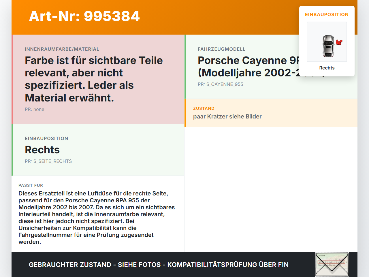 Porsche Cayenne 9PA 955 02-07 Luftdusche Luftdüse Rechts Porsche Cayenne 9PA 955 02-07 23.06.2005 gebraucht Vorschau 3