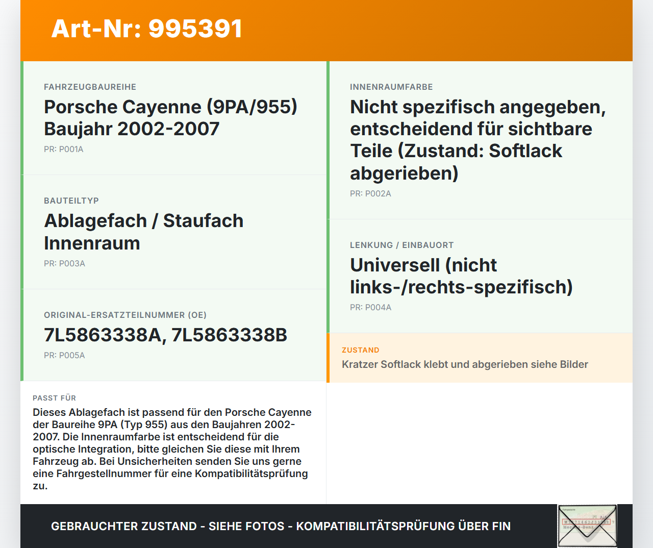 Porsche Cayenne 9PA 955 02-07 Ablagefach Staufach Fach Porsche Cayenne 9PA 955 02-07 23.06.2005 7L5863338A... Vorschau 3