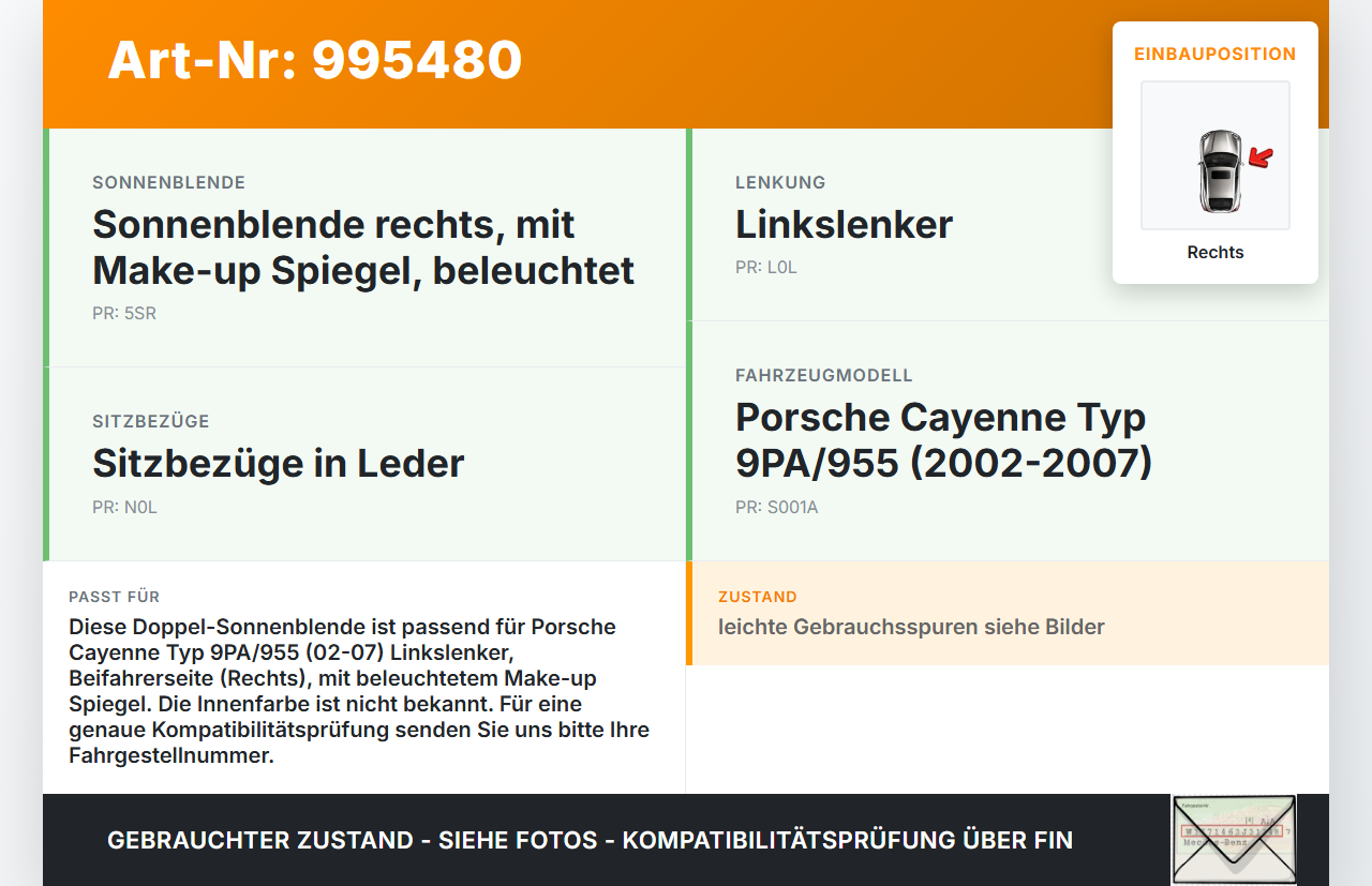 Porsche Cayenne 9PA 955 02-07 Doppel Sonnenblende Rechts für Beifahrer Porsche Cayenne 9PA 955 02-07 23.06.2005... Vorschau 3