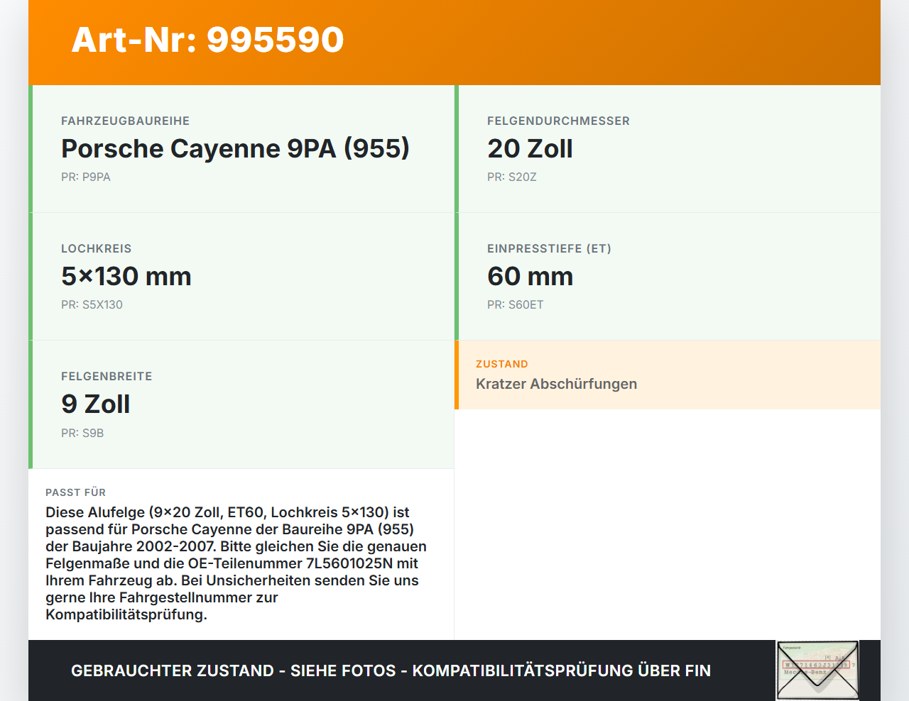 Porsche Cayenne 9PA 955 02-07 1x Felge Alufelge 5X130 9X20Zoll ET60 Porsche Cayenne 9PA 955 02-07 23.06.2005... Vorschau 3