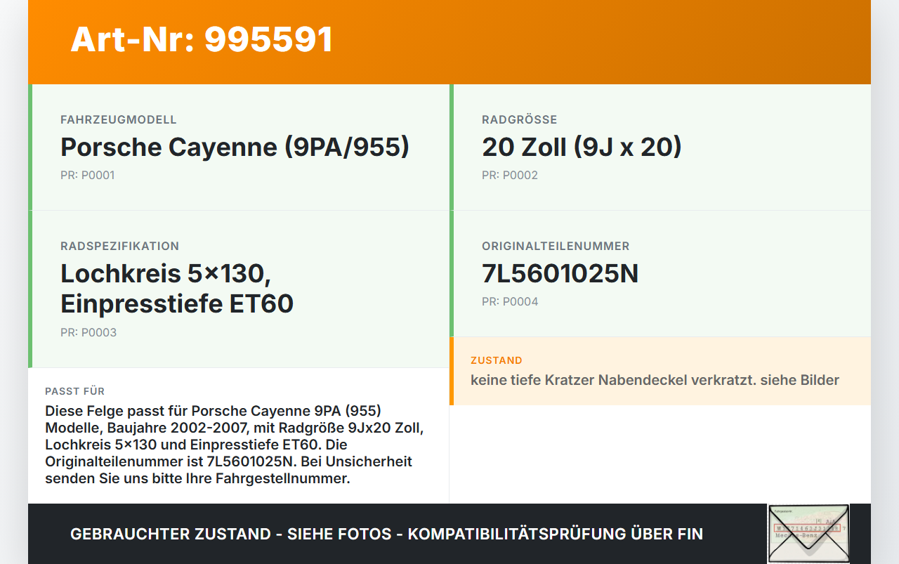 Porsche Cayenne 9PA 955 02-07 1x Felge Alufelge 5X130 9X20Zoll ET60 Porsche Cayenne 9PA 955 02-07 23.06.2005... Vorschau 3