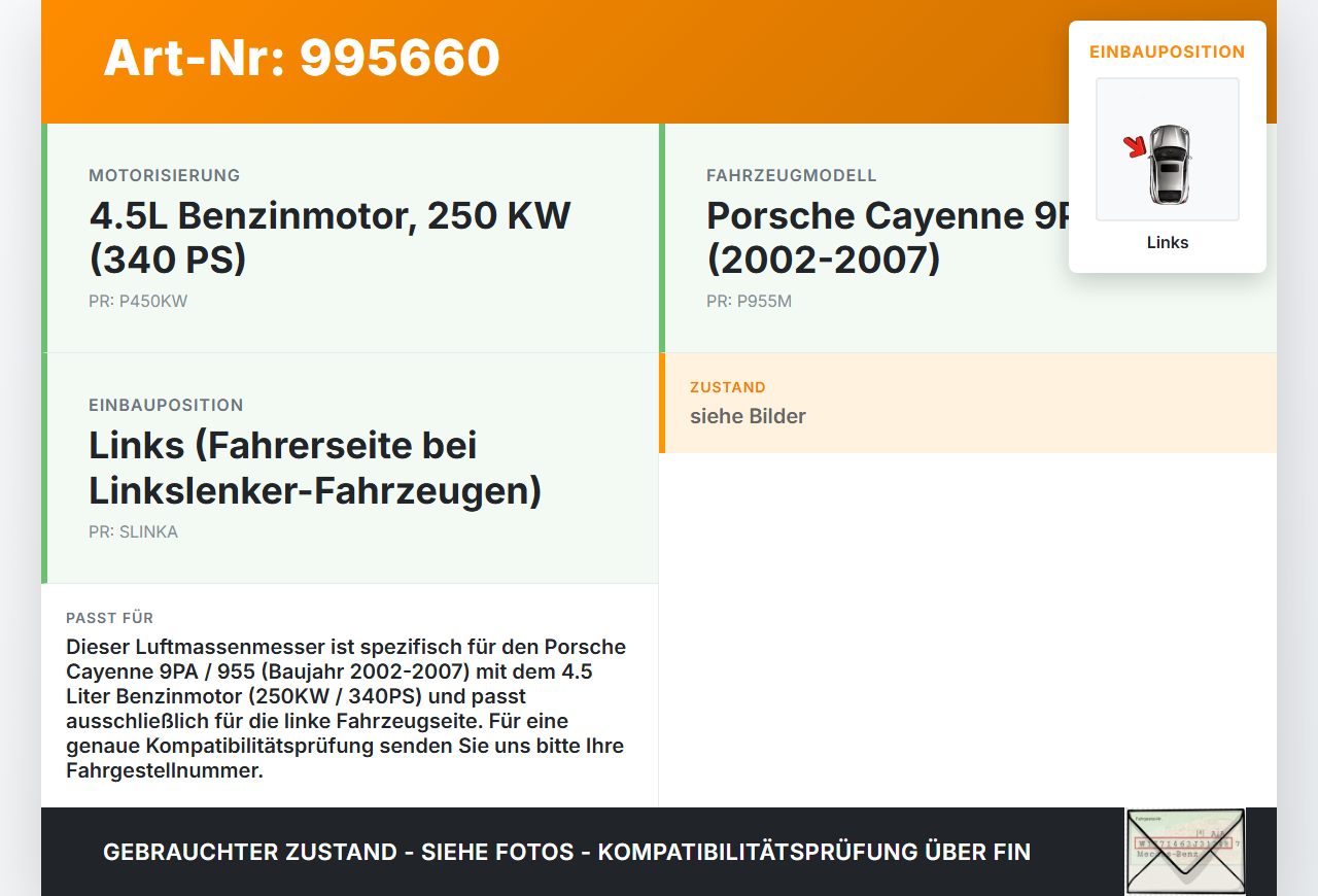 Porsche Cayenne 9PA 955 02-07 4,5 250KW Luftmassenmesser Links Porsche Cayenne 9PA 955 02-07 23.06.2005 gebraucht Vorschau 3