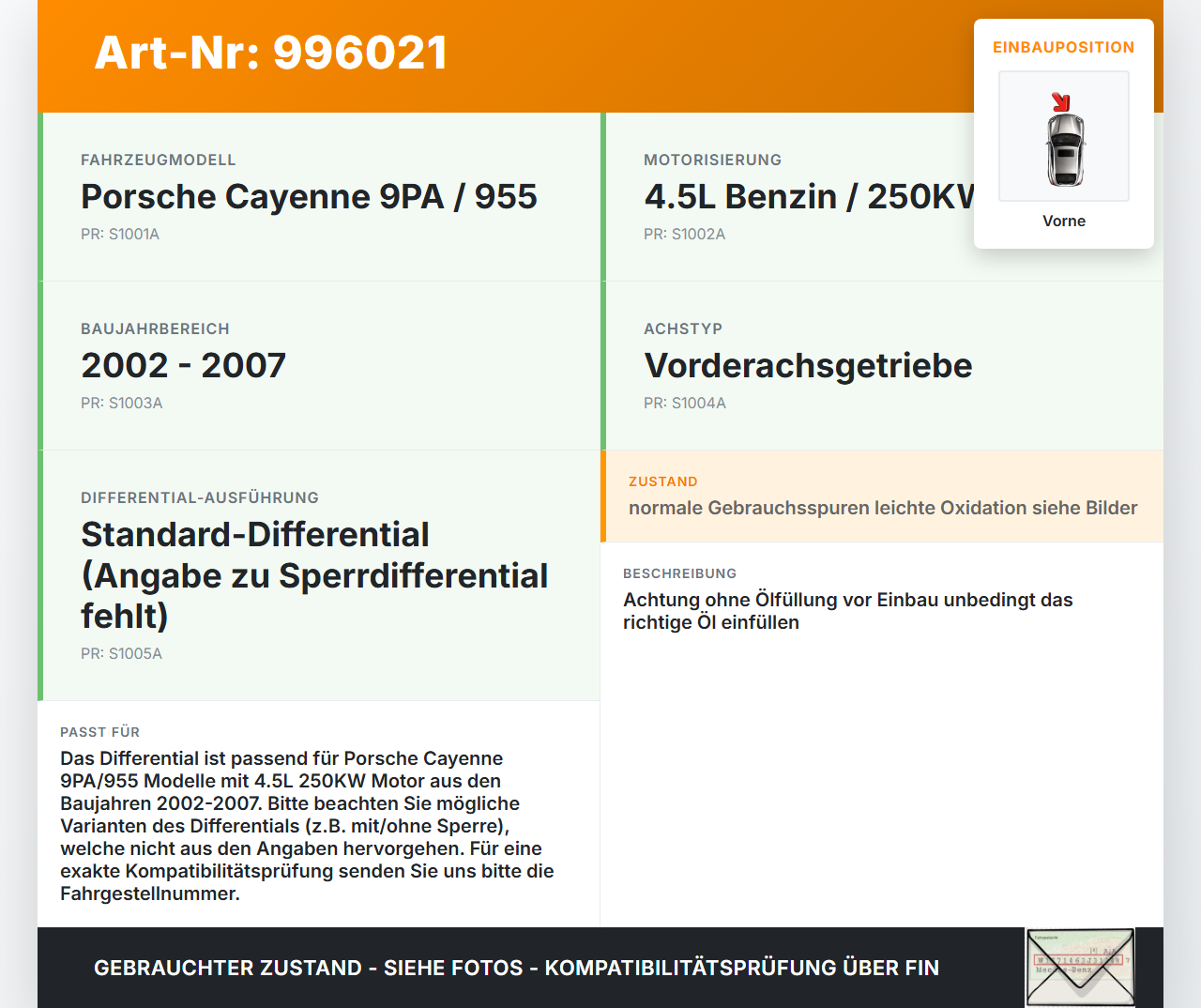 Porsche Cayenne 9PA 955 02-07 4,5 250KW Differential Vorderachsgetriebe Vorne Porsche Cayenne 9PA 955 02-07... Vorschau 3