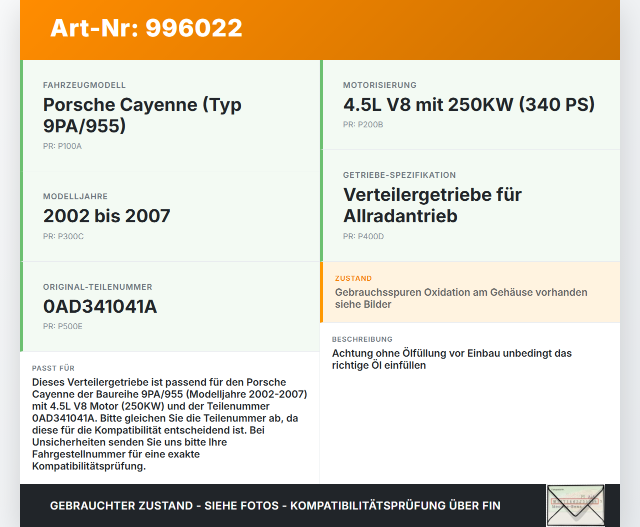 Porsche Cayenne 9PA 955 02-07 4,5 250KW Verteilergetriebe Getriebe Porsche Cayenne 9PA 955 02-07 23.06.2005... Vorschau 3