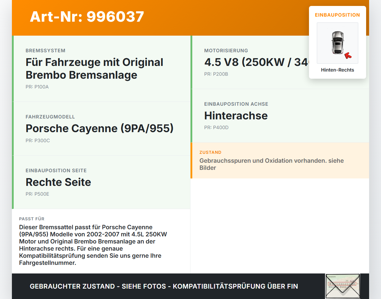 Porsche Cayenne 9PA 955 02-07 4,5 250KW Bremssattel Bremszange Hinten Rechts Orig. Brembo Porsche Cayenne 9PA 955... Vorschau 3