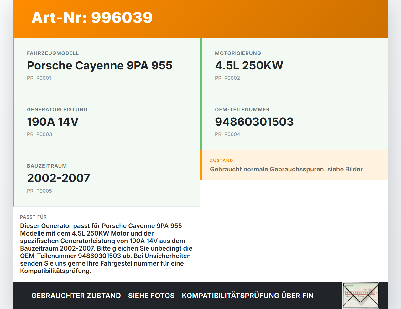 Porsche Cayenne 9PA 955 02-07 4,5 250KW Lichtmaschine Generator 190A 14V Porsche Cayenne 9PA 955 02-07 23.06.2005... Vorschau 3