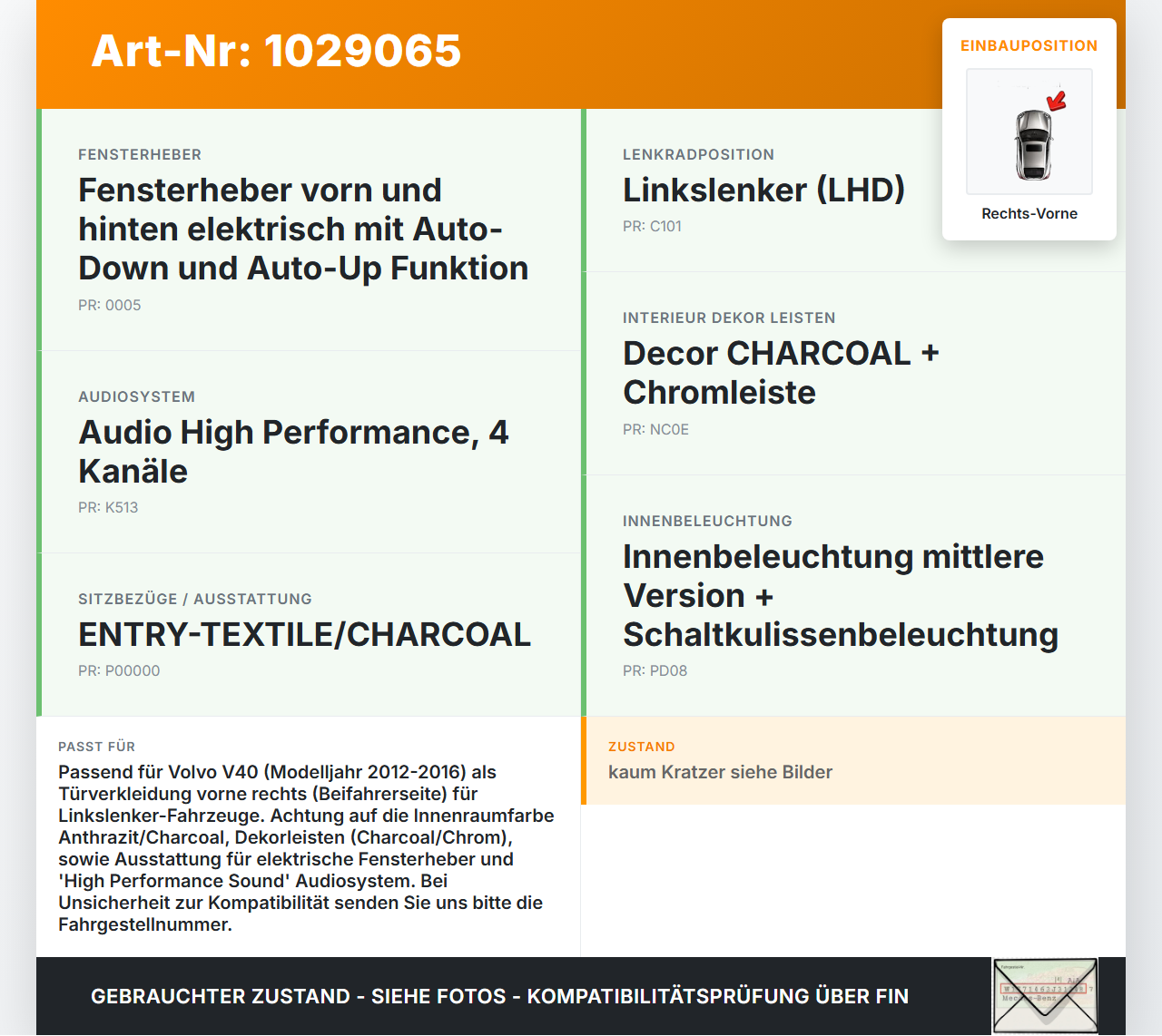 Volvo V40 525 12-16 Kombi Türverkleidung Türpappe Rechts Vorne Volvo V40 525 12-16 01.01.2013 8632741 31435213 gebraucht Vorschau 3