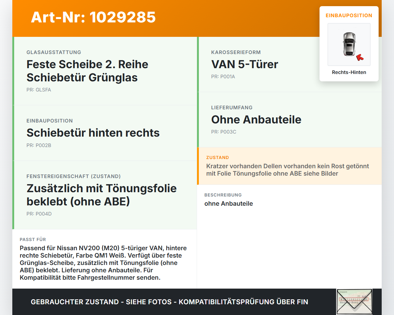 Nissan NV200 09-21 Kasten Tür Schiebetür Rechts Hinten QM1 Nissan NV200 09-21 01.08.2010 H210MJX0MA gebraucht Vorschau 3