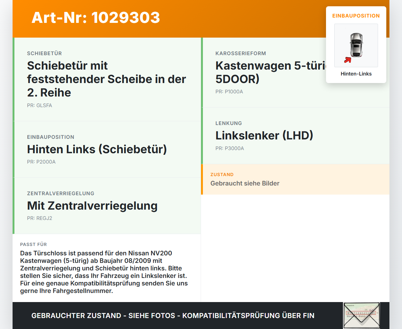 Nissan NV200 09-21 Kasten Türschloss Stellmotor Schiebetür Hinten Links ZV Nissan NV200 09-21 01.08.2010 82505JX50B... Vorschau 3