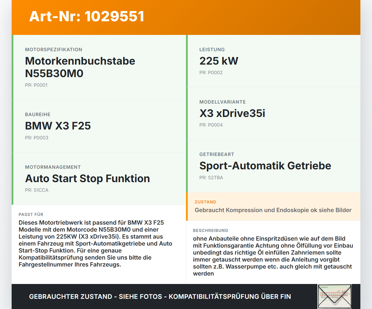 BMW X3 F25 10-14 3,0 225KW N55B30M0 Motor Triebwerk BMW X3 F25 10-14 30.03.2011 2218265 11002218265 1100-2218265... Vorschau 3