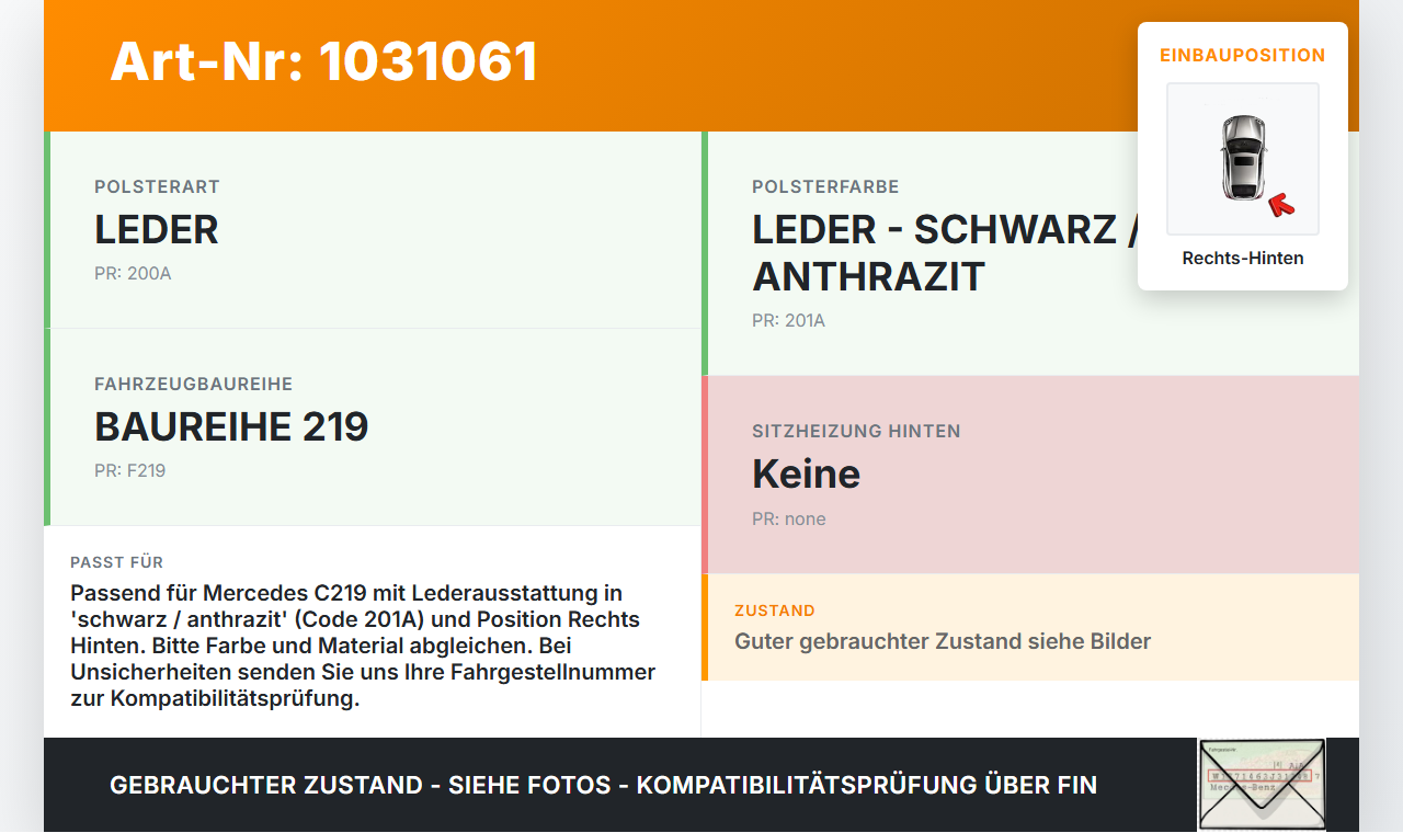 Mercedes C219 CLS 350 04-08 Kopfstütze Rechts Hinten Mercedes C219 CLS 350 04-08 09.12.2005 A2199700050 gebraucht Vorschau 3
