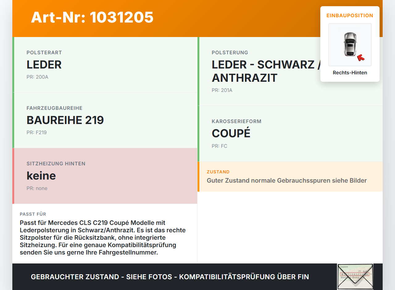 Mercedes C219 CLS 350 04-08 Coupe Sitzpolster Rechts für Rücksitzbank Hinten Mercedes C219 CLS 350 04-08 09.12.2005... Vorschau 3