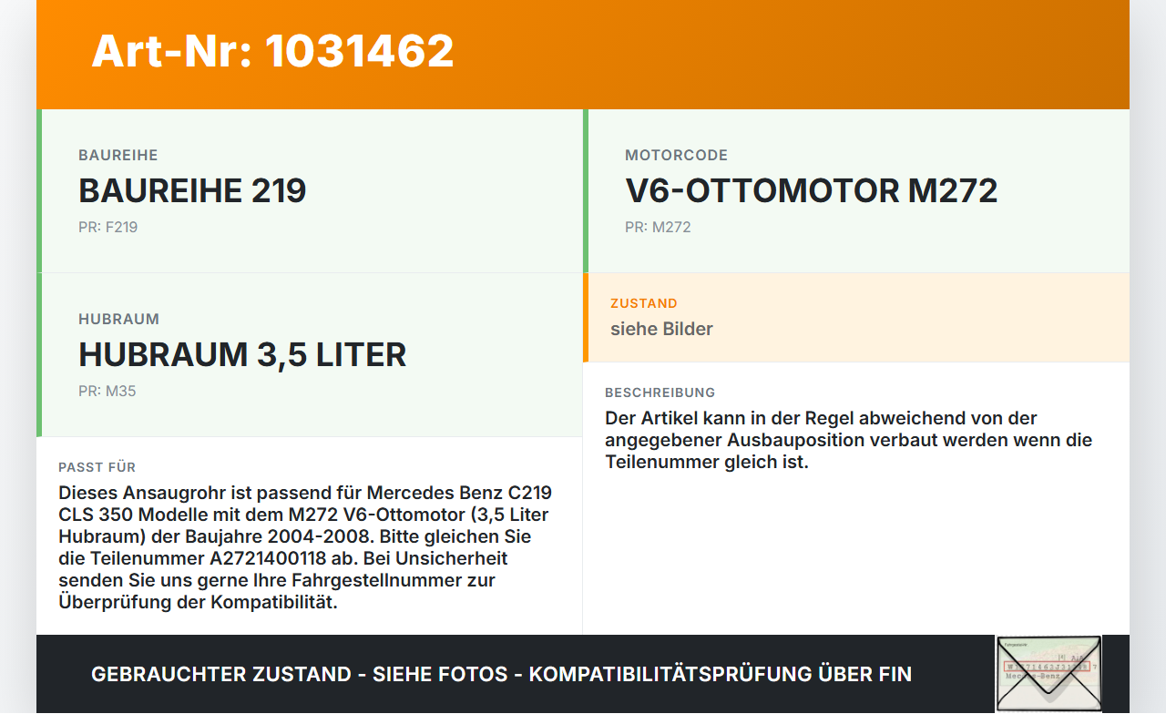 Mercedes C219 CLS 350 04-08 3,5 200KW Ansaugrohr Ladeluftschlauch Luftschlauch Pos.1 Mercedes C219 CLS 350 04-08... Vorschau 3