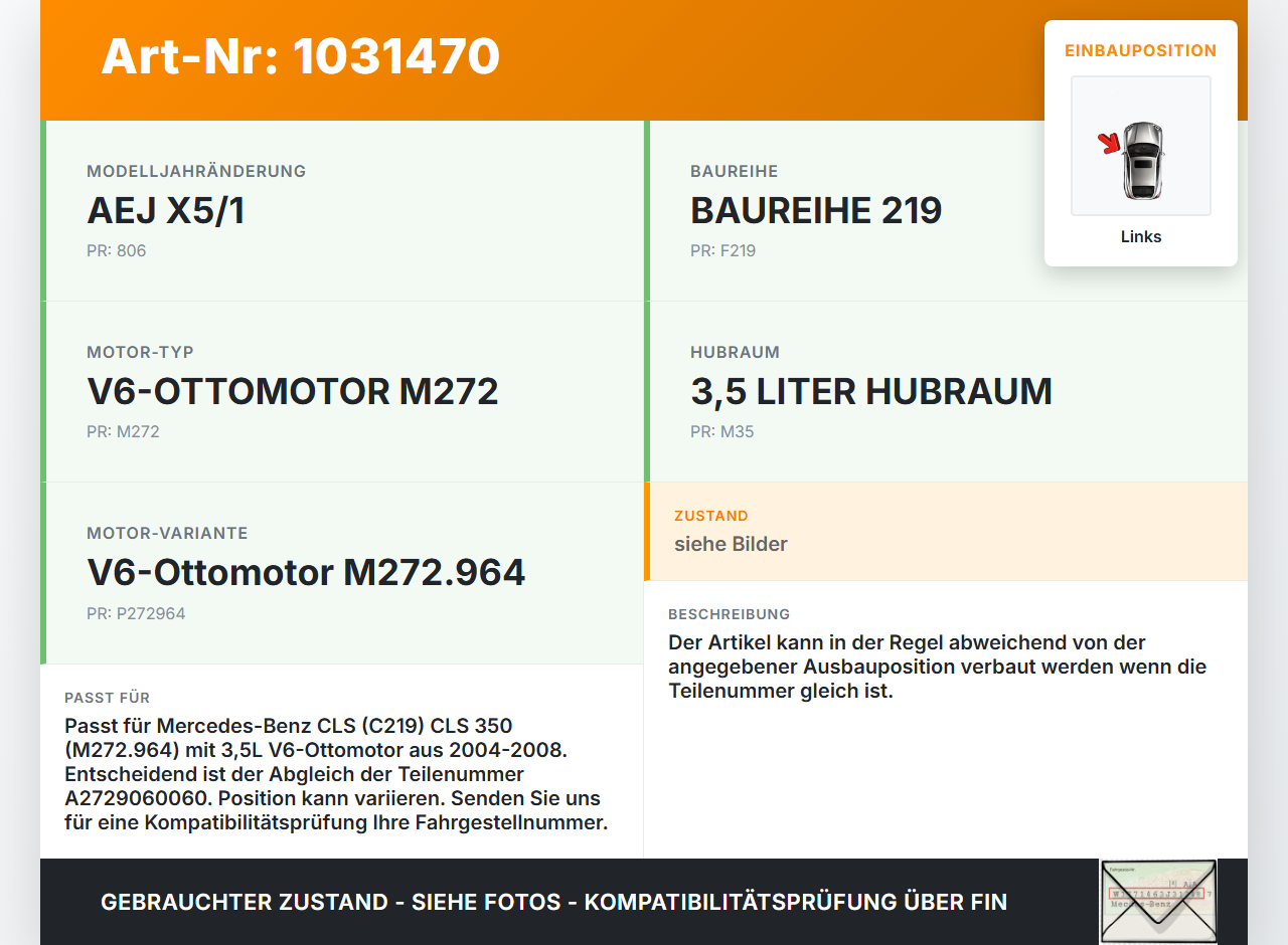 Mercedes C219 CLS 350 04-08 3,5 200KW Zündspule Links Pos.5 Mercedes C219 CLS 350 04-08 09.12.2005 A2729060060... Vorschau 3