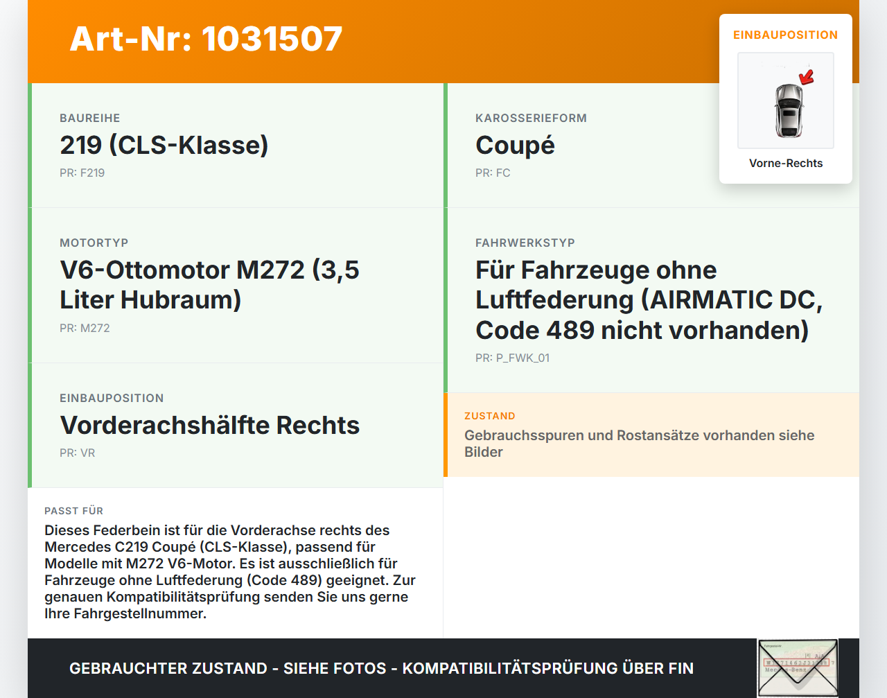Mercedes C219 CLS 350 04-08 Coupe Stossdämpfer Federbein Vorne Rechts Mercedes C219 CLS 350 04-08 09.12.2005... Vorschau 3