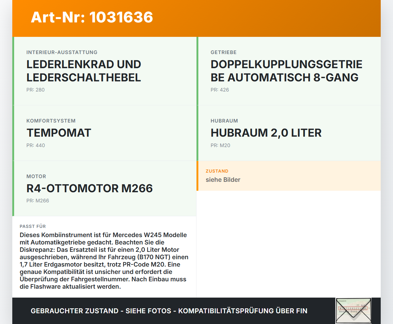 Mercedes W245 B200 05-08 2,0 100KW Kombiinstrument Tacho Mercedes W245 B200 05-08 27.09.2007 A1695409011 gebraucht Vorschau 3