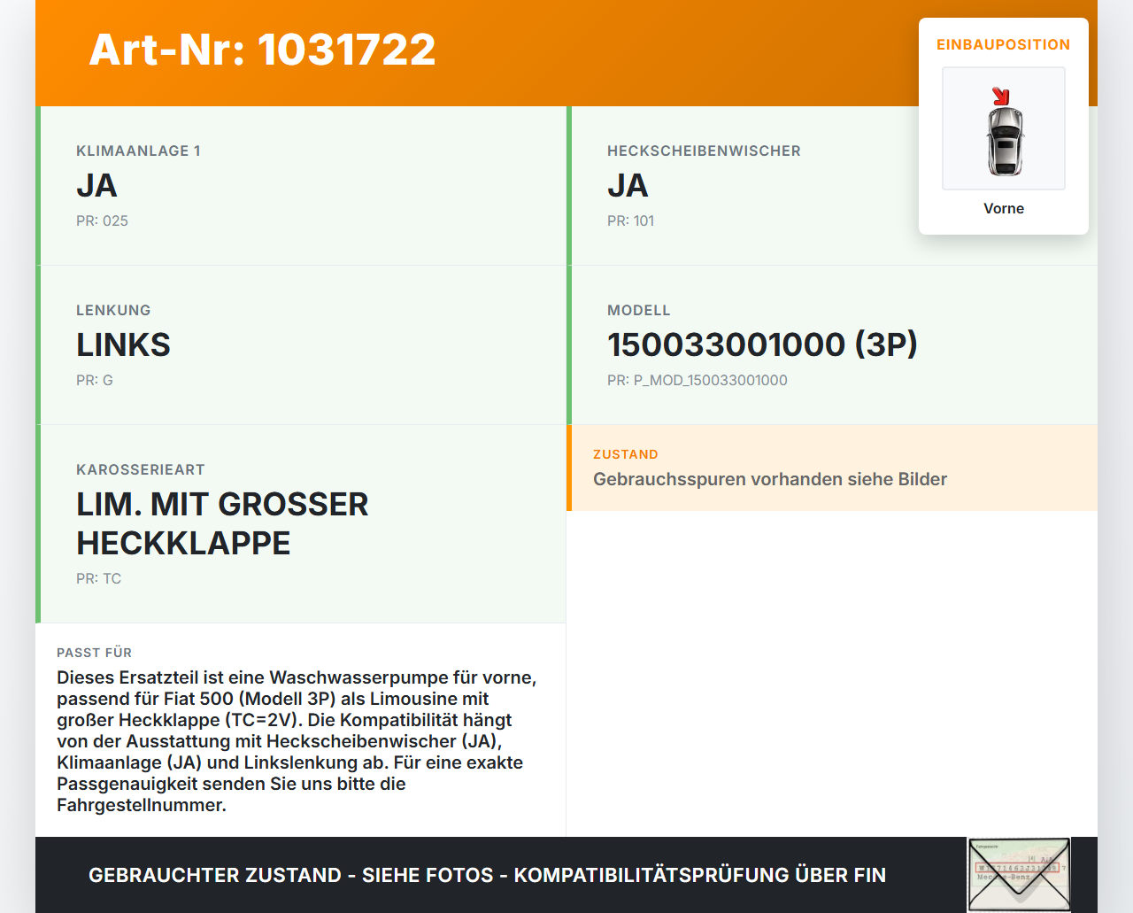 Fiat 500 07-15 Waschwasserpumpe Wischwasserpumpe Waschpumpe Vorne Fiat 500 07-15 04.03.2008  71740942 D283149 gebraucht Vorschau 3