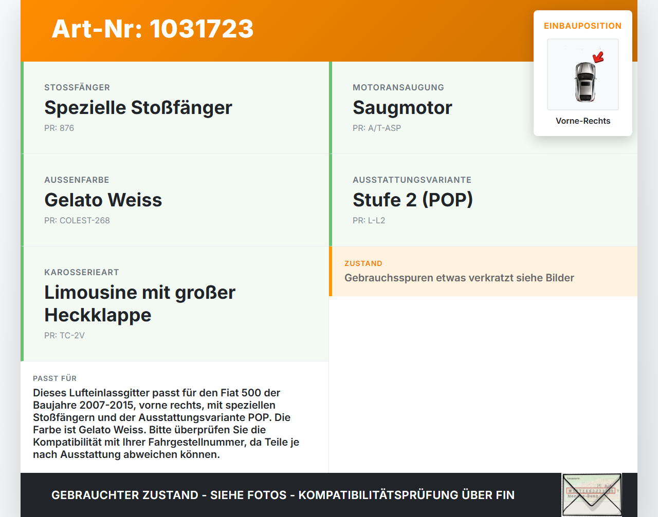Fiat 500 07-15 Lufteinlassgitter Blende Stoßstange Vorne Rechts Fiat 500 07-15 04.03.2008  51797997 gebraucht Vorschau 3