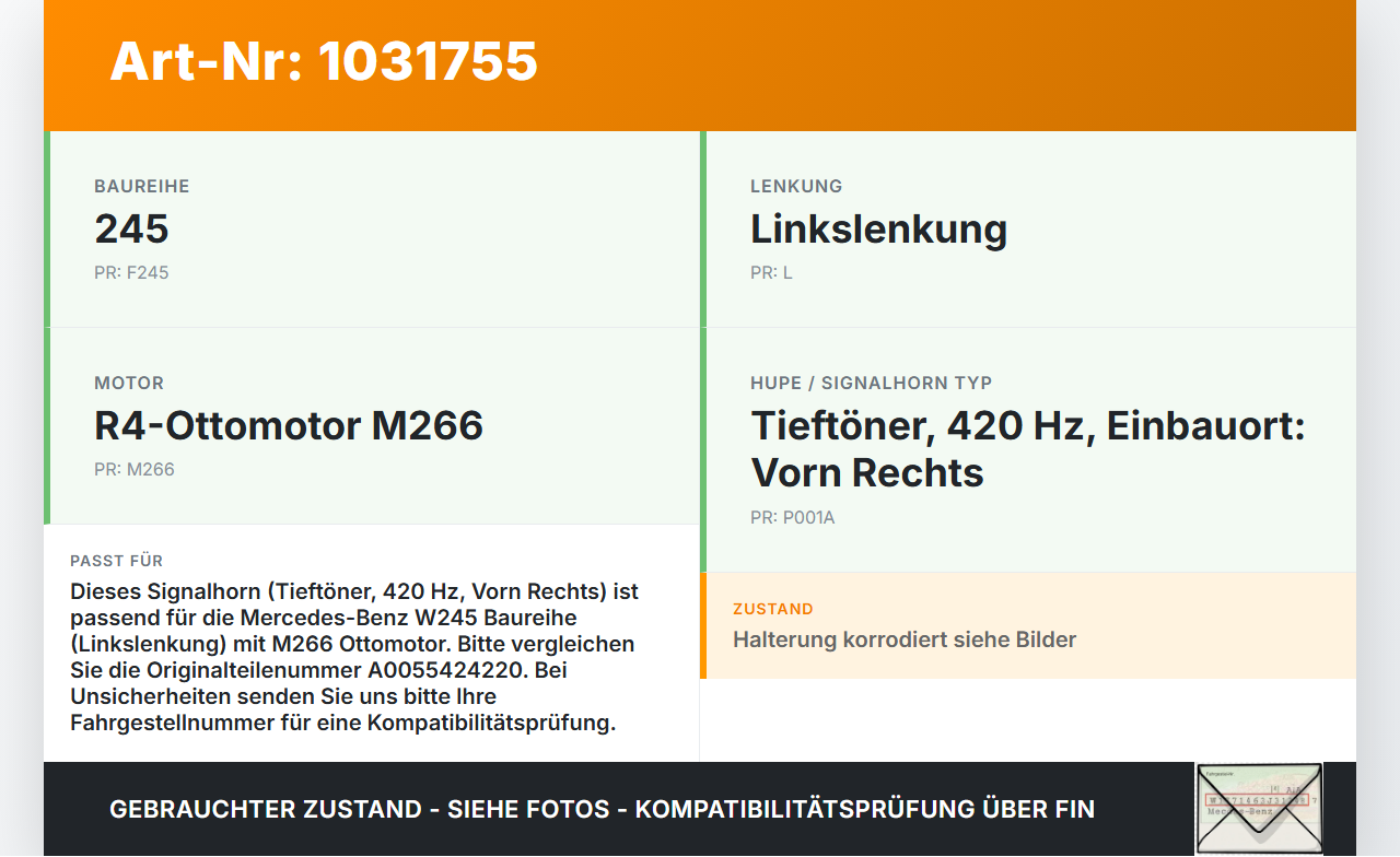 Mercedes W245 B200 05-08 Hupe Signalhorn Tieftöner Mercedes W245 B200 05-08 27.09.2007 gebraucht Vorschau 3