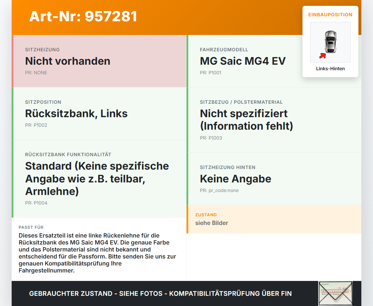 MG Saic MG4 EV Rückenlehne Sitzbezug Rückenpolster Links für Rücksitzbank Hinten MG Saic MG4 EV 25.11.2022 gebraucht Vorschau 3