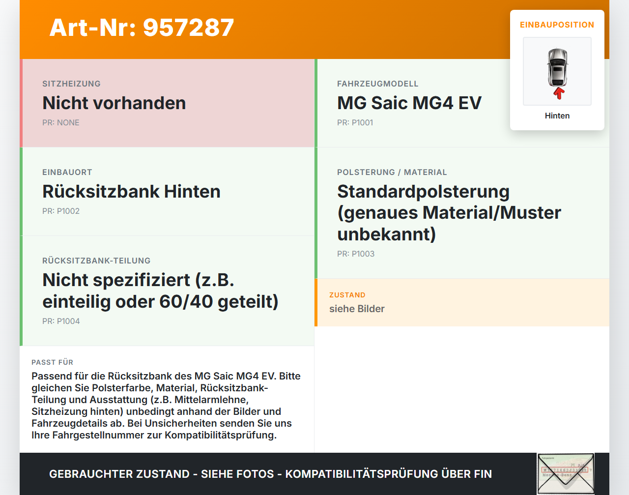 MG Saic MG4 EV Sitzbezug Sitzpolster für Rücksitzbank Hinten MG Saic MG4 EV 25.11.2022 gebraucht Vorschau 3