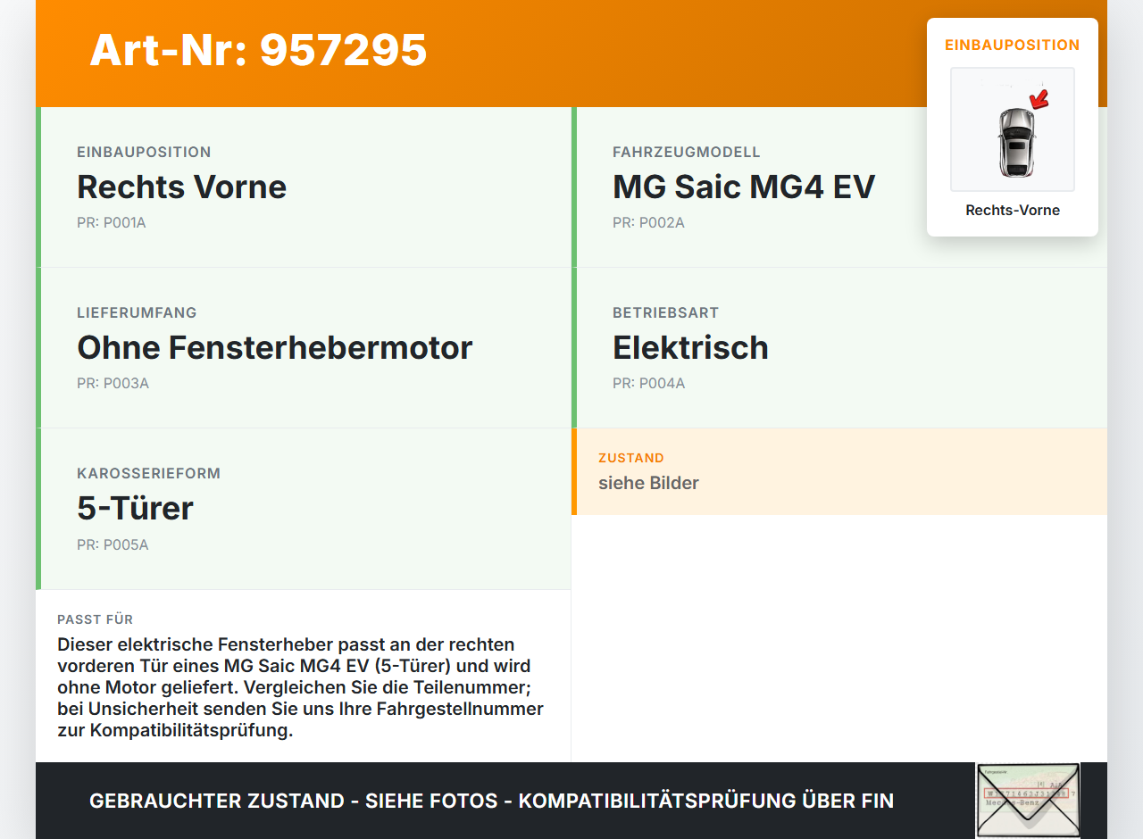 MG Saic MG4 EV Fensterheber o. FH-Motor Rechts Vorne MG Saic MG4 EV 25.11.2022 0115100730 gebraucht Vorschau 3