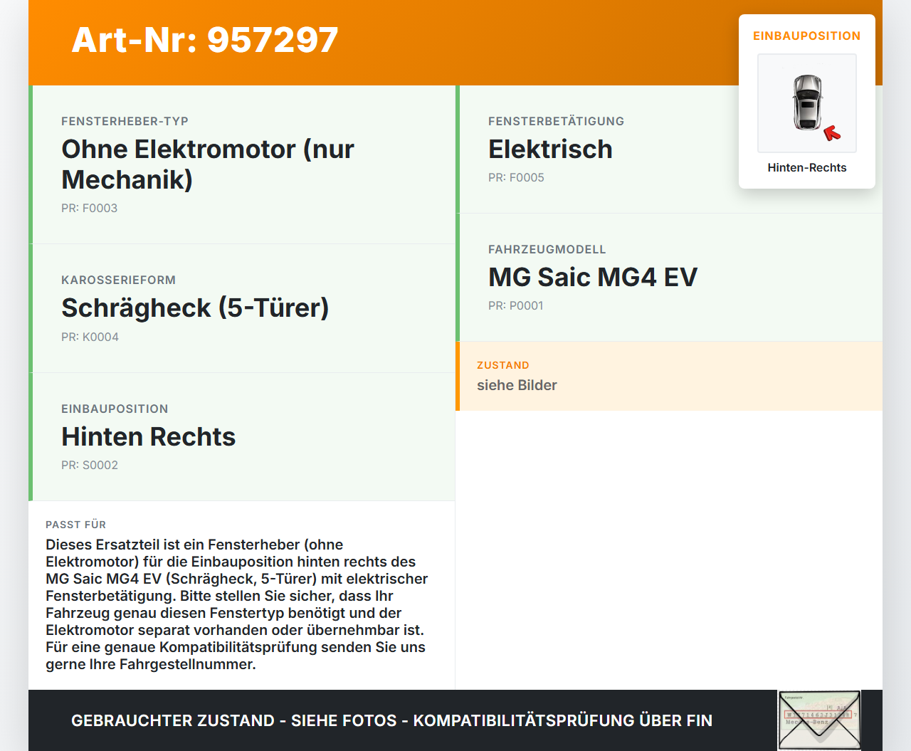 MG Saic MG4 EV Fensterheber o. FH-Motor Hinten Rechts MG Saic MG4 EV 25.11.2022 109451385 gebraucht Vorschau 3