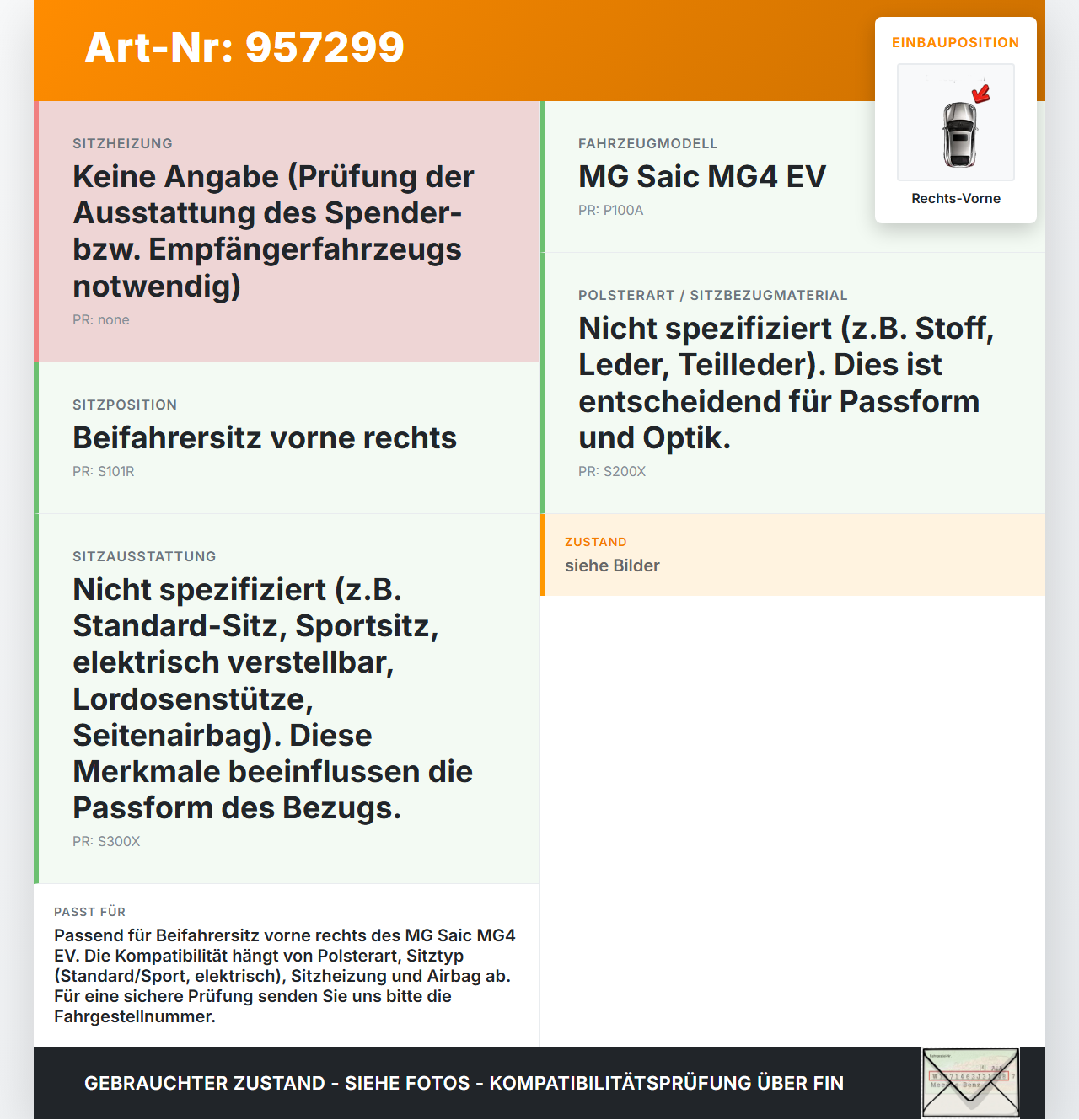 MG Saic MG4 EV Sitzbezug Sitzpolster für Beifahrersitz Rechts Vorne MG Saic MG4 EV 25.11.2022 gebraucht Vorschau 3