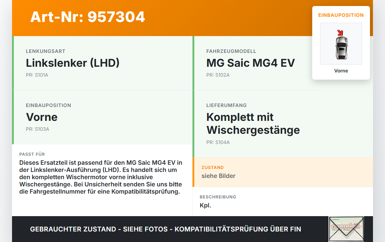 MG Saic MG4 EV Wischermotor m. Wischergestänge Vorne MG Saic MG4 EV 25.11.2022 GZD-1601-RCG-394 gebraucht Vorschau 3