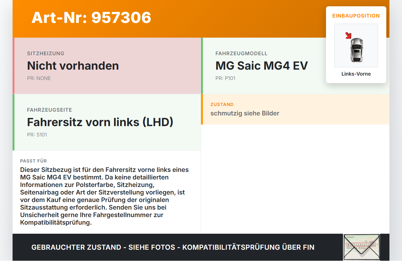 MG Saic MG4 EV Sitzbezug Sitzpolster für Fahrersitz Sitz Links Vorne MG Saic MG4 EV 25.11.2022 gebraucht Vorschau 3