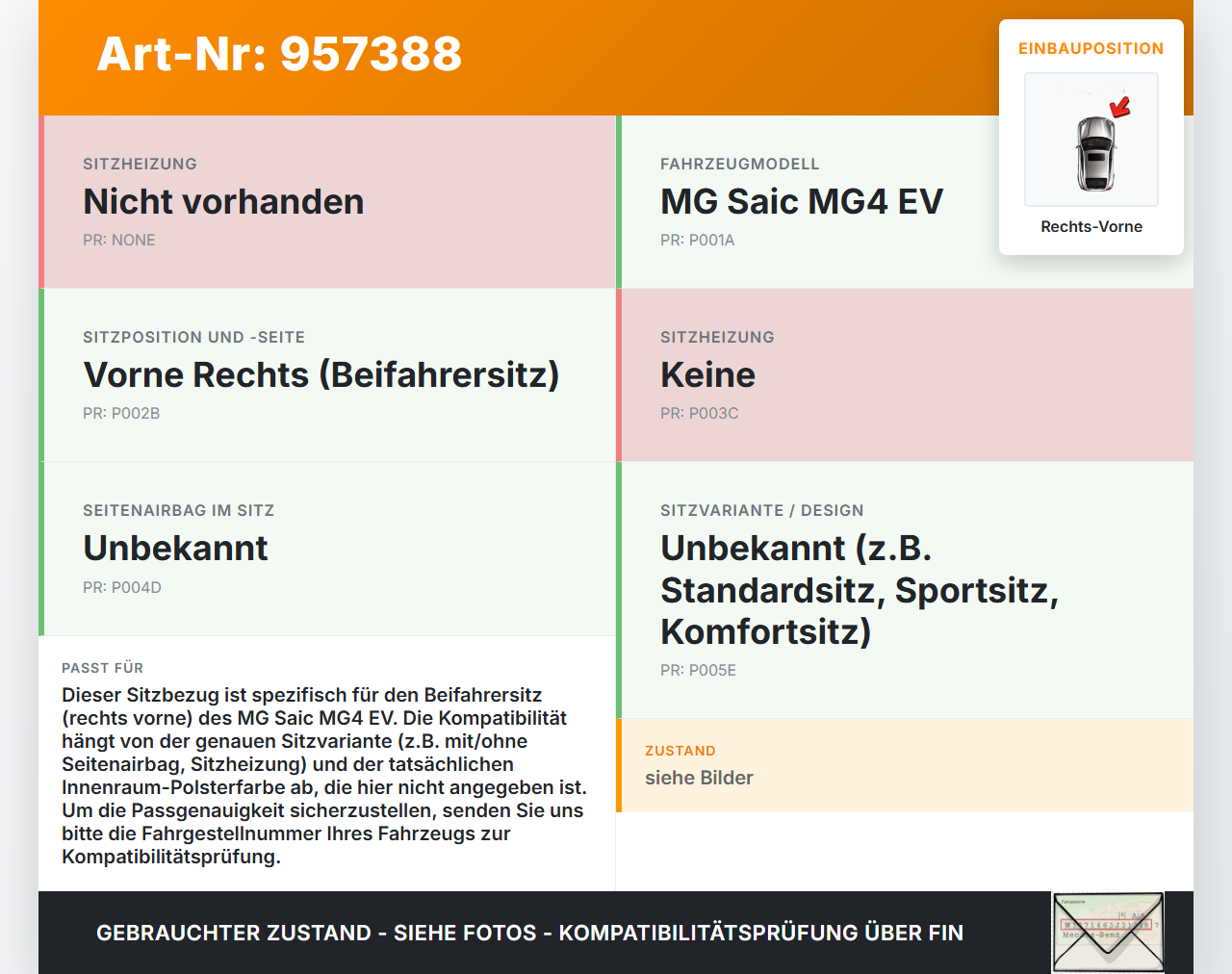MG Saic MG4 EV Sitzbezug Rückenpolster Rechts Vorne für Beifahrer Sitz MG Saic MG4 EV 25.11.2022 gebraucht Vorschau 3
